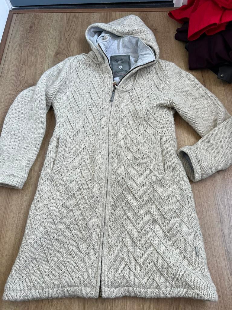D’pure wol wollen halflang vest ecru gebreid capuchon xl jas, Beige, Maat 42/44 (L), Ophalen of Verzenden, Zo goed als nieuw