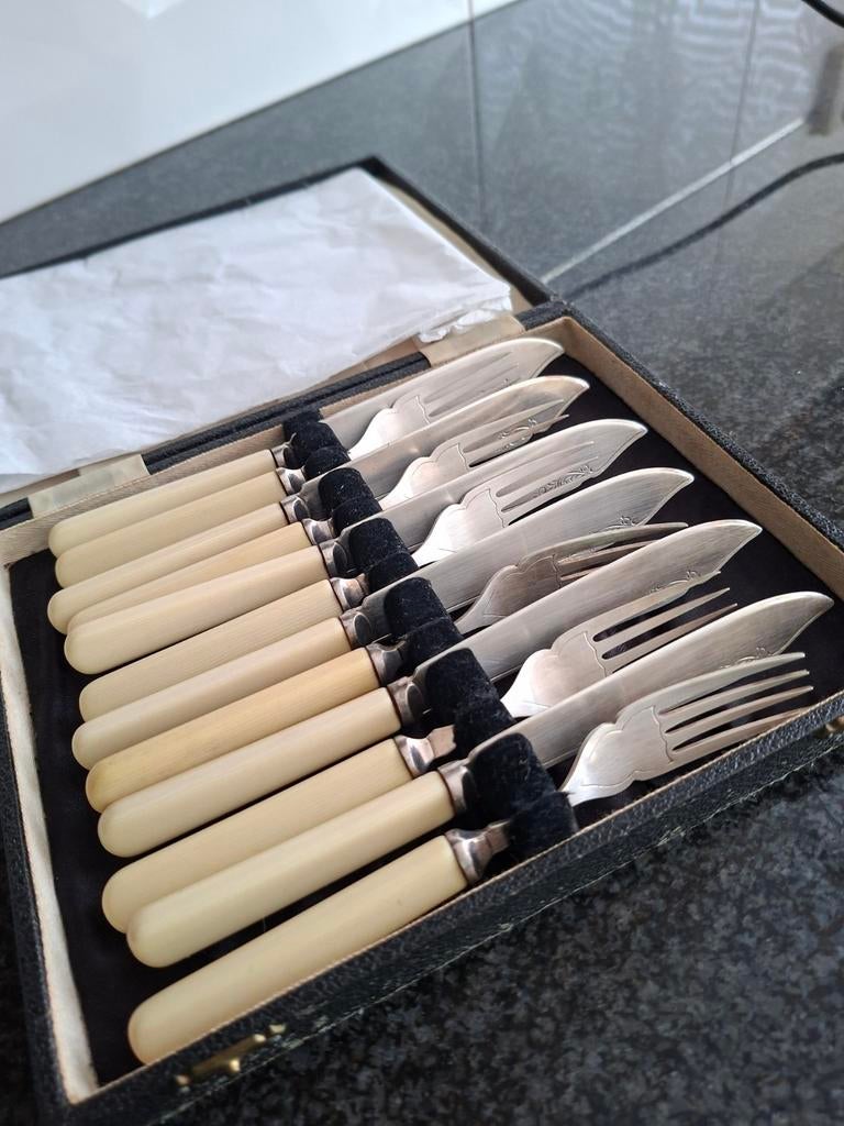 6 delig antiek visbestek EPNS, Ophalen of Verzenden, Gebruikt, Overige materialen