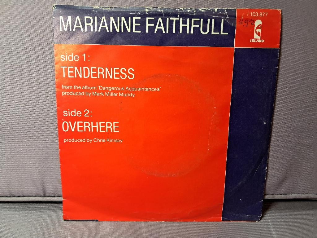 45t. 80's rock. marianne faithfull. tenderness. ex, Gebruikt, 7 inch, Ophalen of Verzenden, Pop