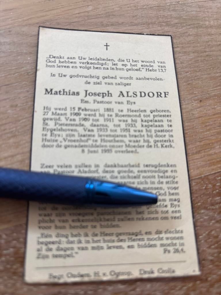 Alsdorf Mathiua 1881 Heerlen  1955 Houthem priester, Verzamelen, Ophalen of Verzenden, Bidprentje