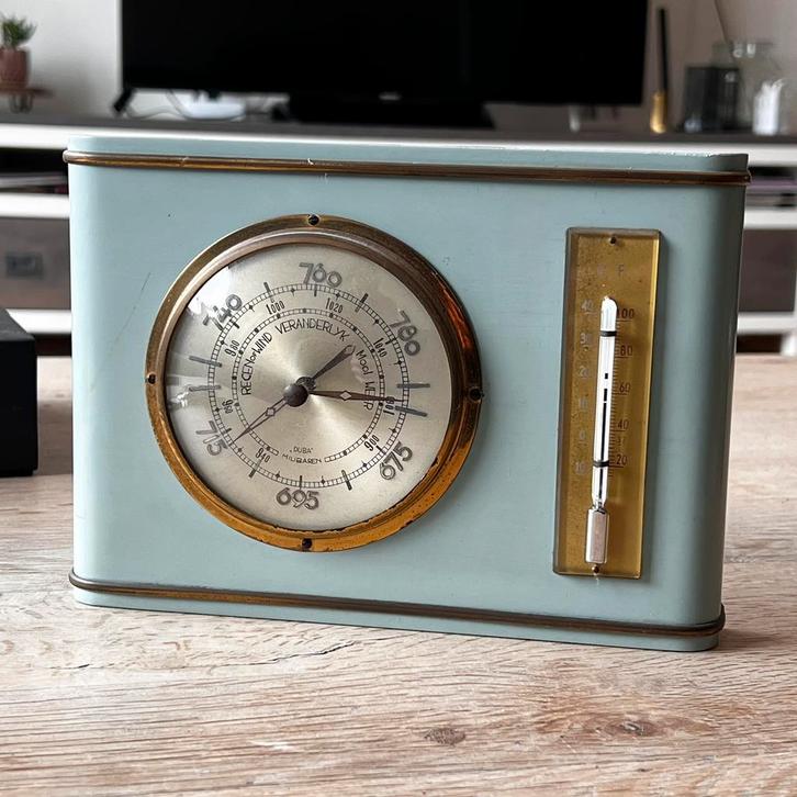 Vintage DUBA barometer thermometer, jaren 50/60 pastel blauw, Audio, Tv en Foto, Weerstations en Barometers, Gebruikt, Barometer