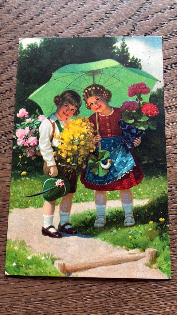 Kinderkaart. Kinderen met bloemen onder parasol., Ophalen of Verzenden, 1940 tot 1960, Kinderen