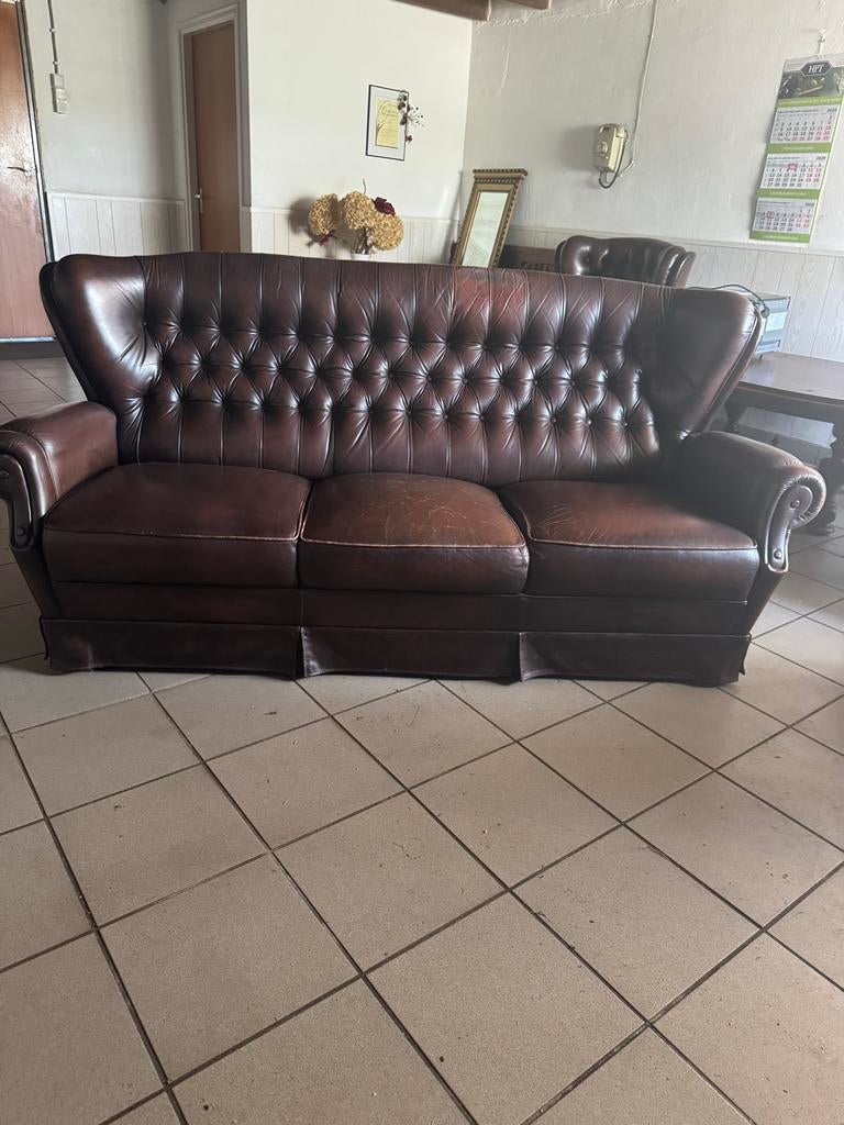 Vintage Leren Chesterfield Bank - 3-zits, Gebruikt, Driepersoons, Ophalen of Verzenden, Rechte bank