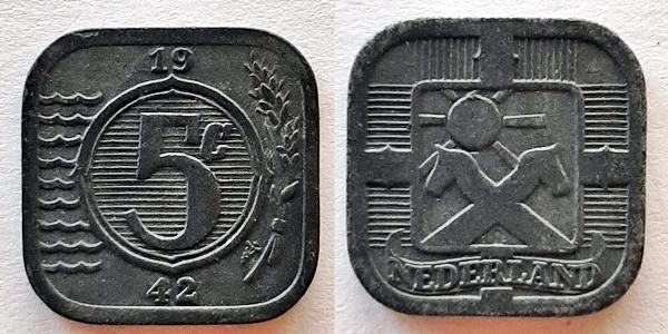 Vierkante 5 cent 1942 Zink, Verzenden, Koningin Wilhelmina, 5 cent