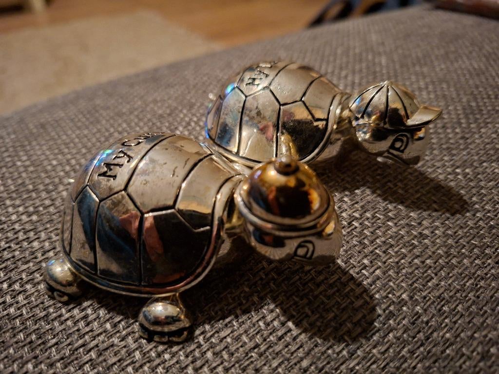 Verzilverd tanden- en haarlokdoosje in vorm van schildpad., Ophalen of Verzenden, Zo goed als nieuw, Dier