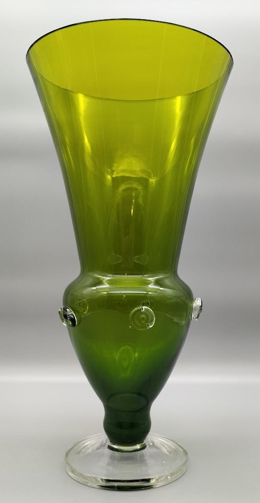 Decoratieve groene glazen vaas- Vintage/ Mid-Century, Gebruikt, Ophalen of Verzenden, Glas, Minder dan 50 cm