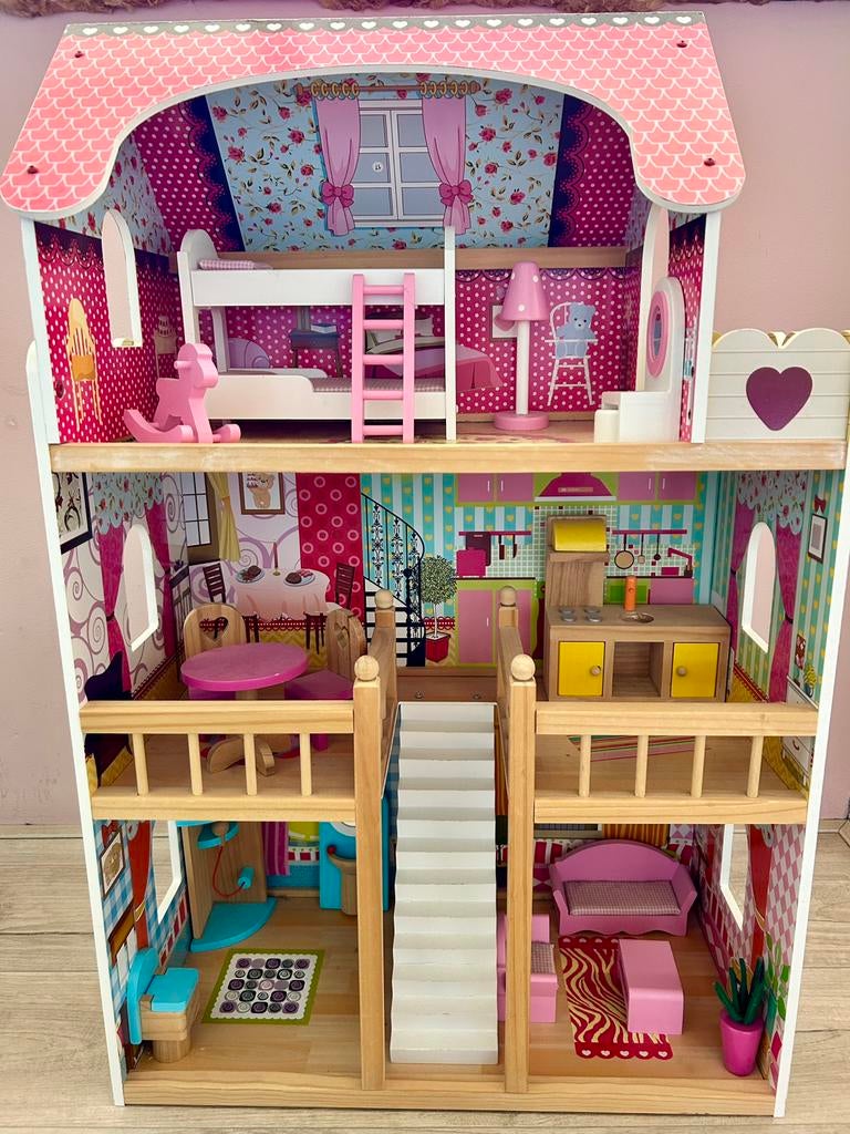 Houten poppenhuis roze bandits and angels house of angels, Ophalen, Gebruikt, Poppenhuis