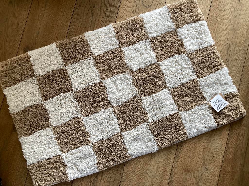 Badmat katoen checkered beige wit mat teddy tuff fluffy, Ophalen of Verzenden, Nieuw, Wit, Badmat