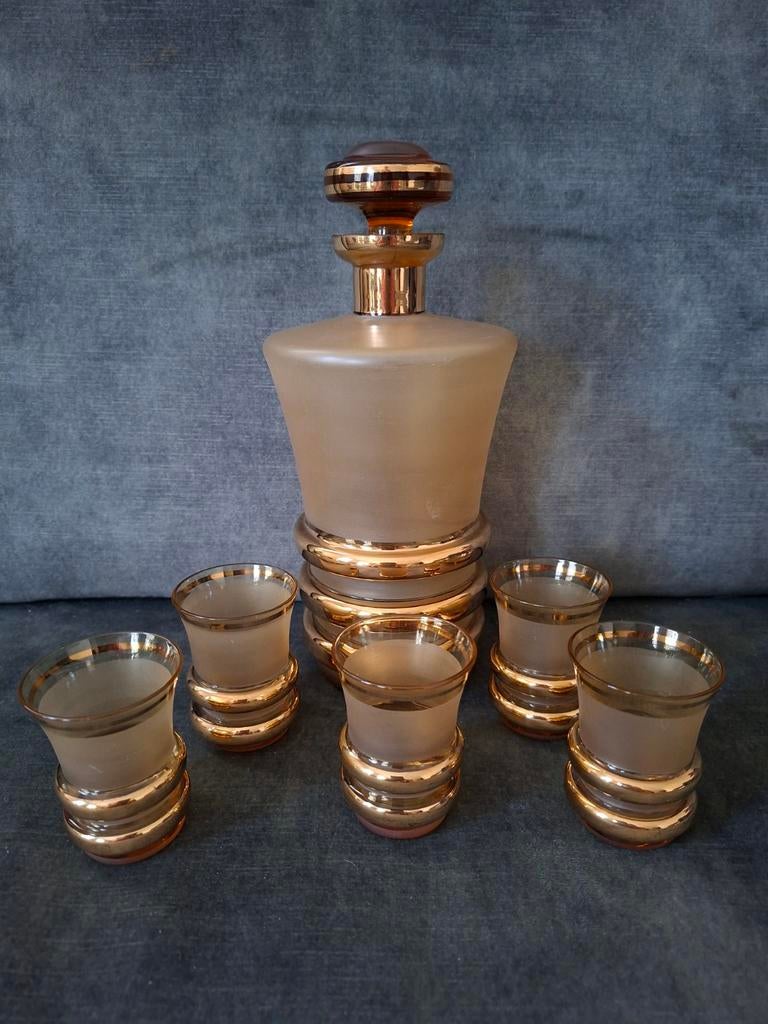 Vintage karaf met glaasjes amberglas Mat, Ophalen of Verzenden