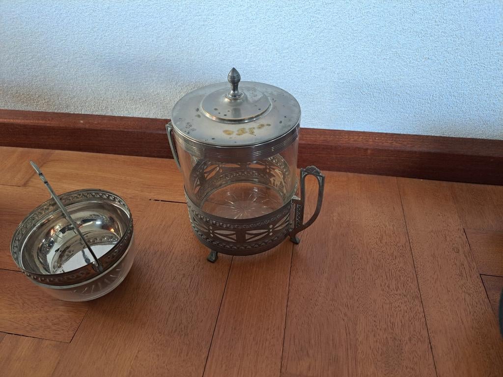 Antieke theeglashouder en suikerpot, Ophalen of Verzenden
