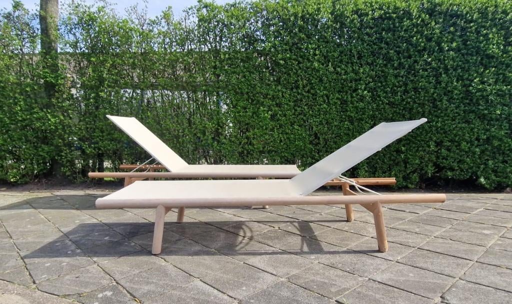 Teak _  Batyline bespanning Ligbedden, Tuin en Terras, Ligbedden, Verzenden, Zo goed als nieuw, Teakhout, Verstelbaar