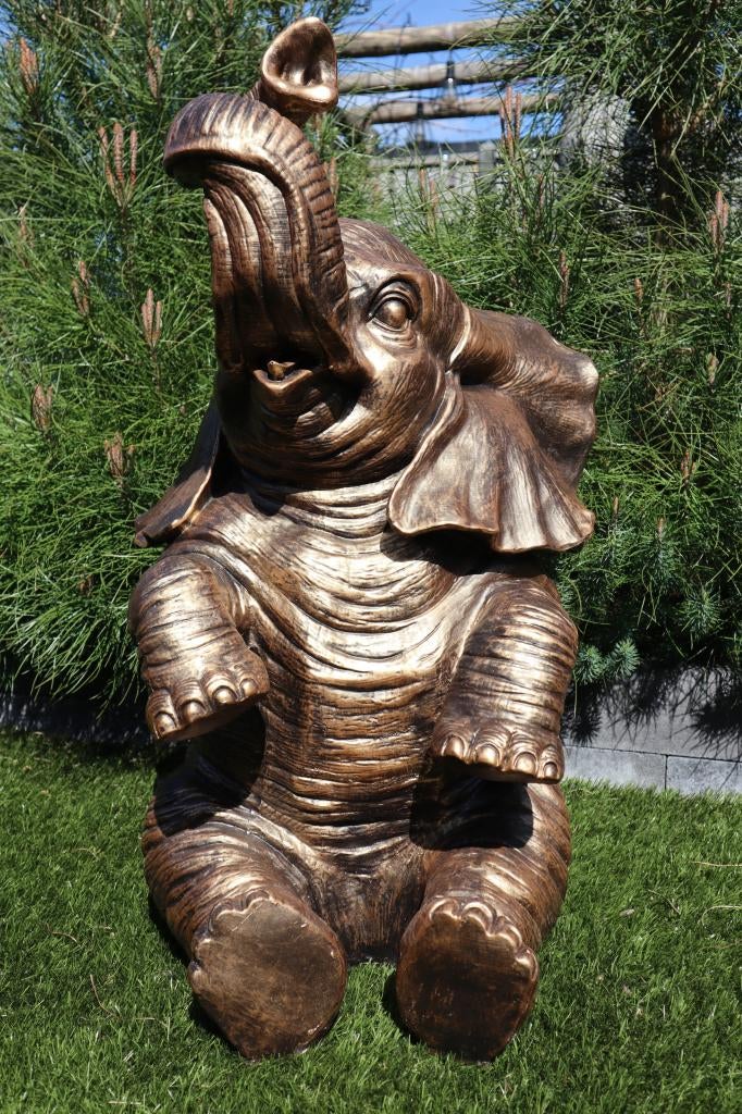 Olifant tuinbeeld XL 86 cm goud zittend dierenbeeld, Dierenbeeld, Kunststof, -, -