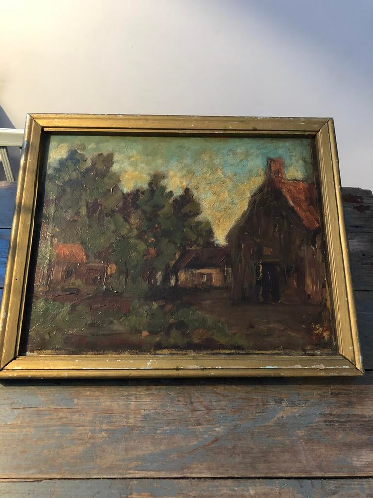 SCHILDERIJ OLIE OP DOEK BOERDERIJ MOOI!, Antiek en Kunst, Ophalen of Verzenden