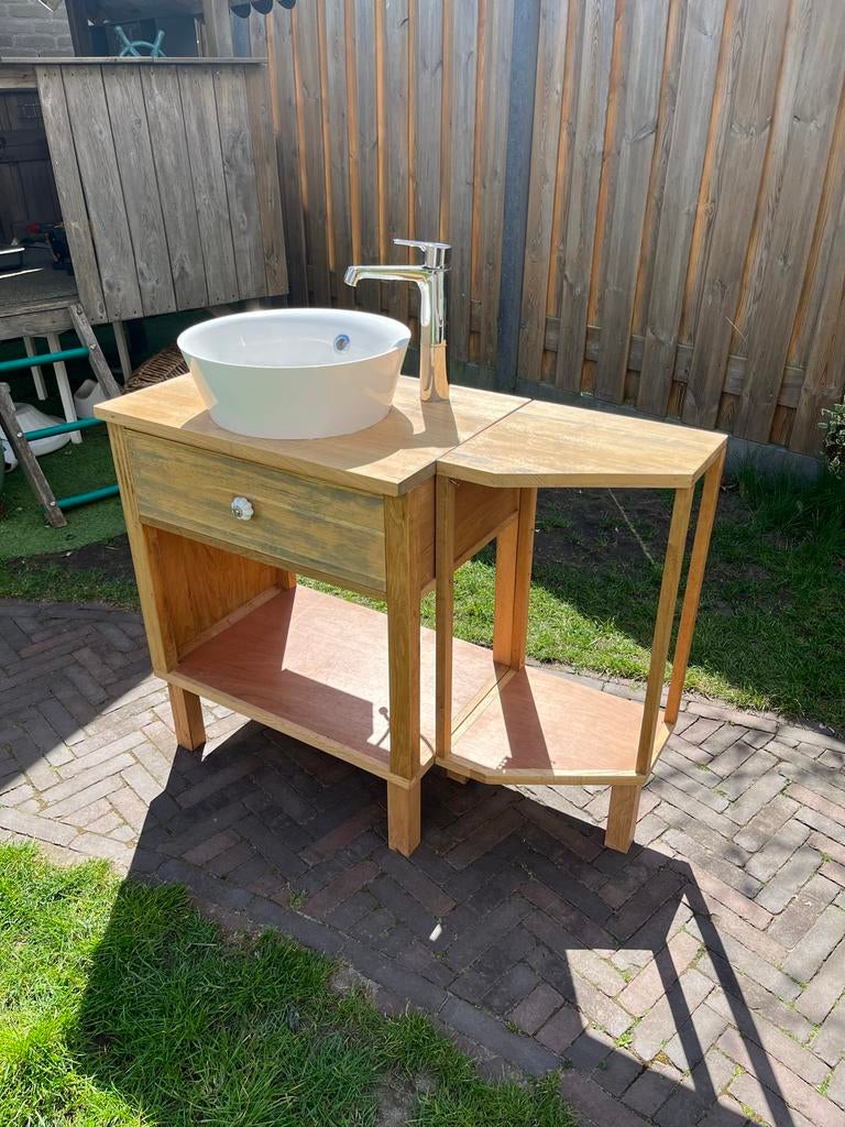 Eikenhouten Badkamermeubel met Wastafel en Kraan, Ophalen, 50 tot 100 cm, Zo goed als nieuw, Minder dan 100 cm