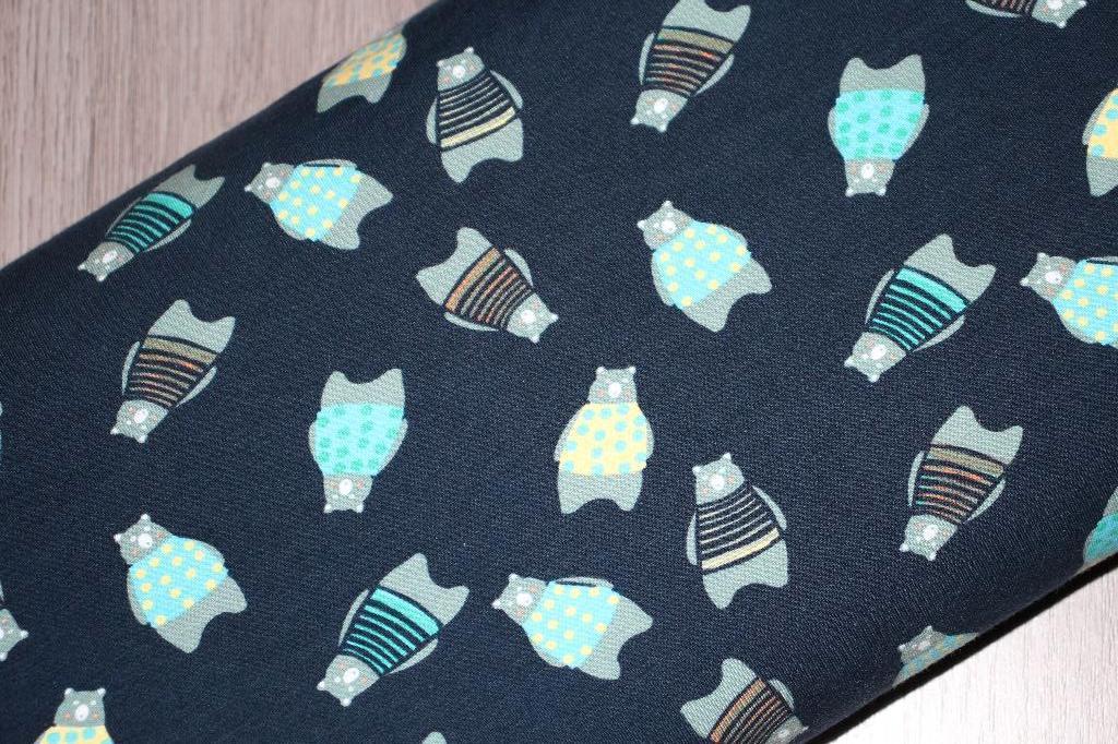 Tricot katoen stof Megan blue - Blauw beren print #3057, Hobby en Vrije tijd, Stoffen en Lappen, Blauw, 120 cm of meer, Ophalen of Verzenden