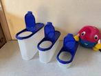 4 RUIMTESPAARDERS met verdeelklep TUPPERWARE lang model, Ophalen of Verzenden, Zo goed als nieuw, Blauw, Bus of Trommel
