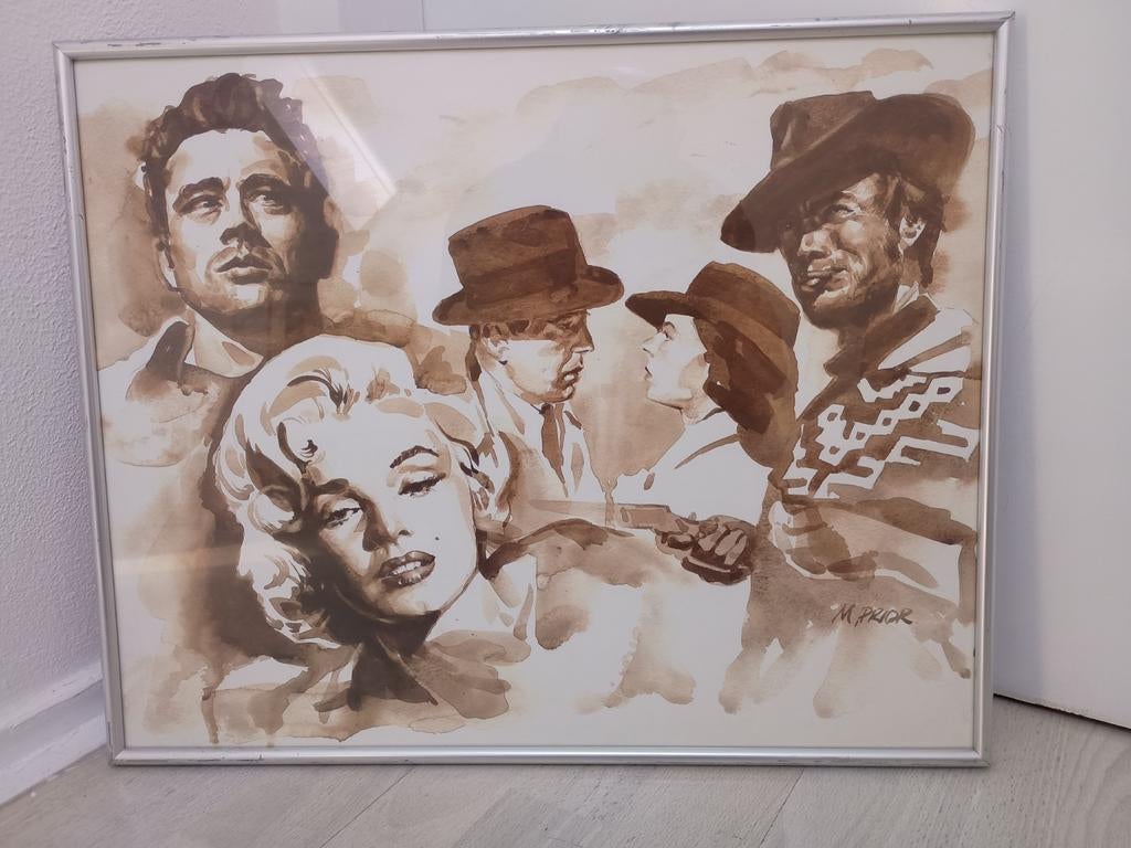 Aquarel van beroemde filmsterren in hun kenmerkende pose, Antiek en Kunst, Ophalen of Verzenden