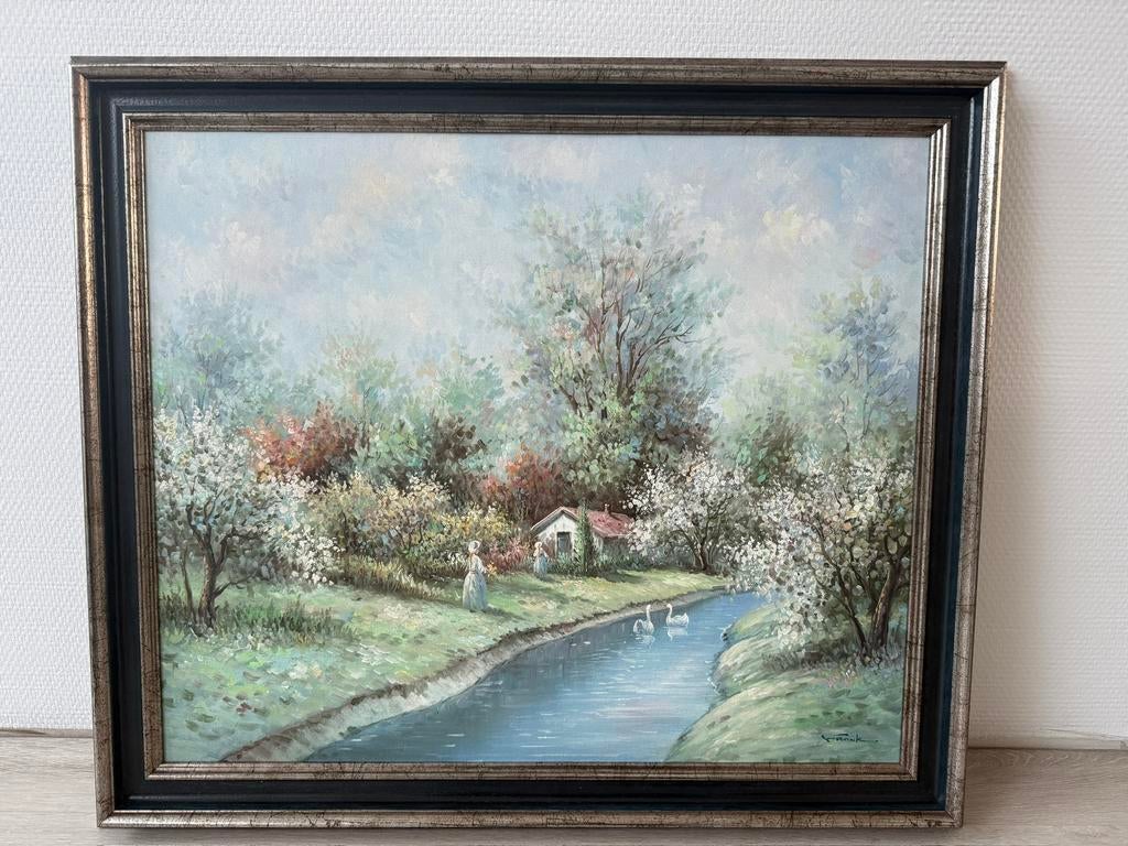 Schilderij landschap, olieverf, in klassieke lijst 60 x 70, Ophalen