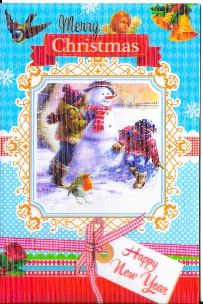 Kaart	Merry Christmas	Kinderen maken sneeuwpop	3D, Verzamelen, Ansichtkaarten | Themakaarten, Verzenden, 1980 tot heden, Kinderen