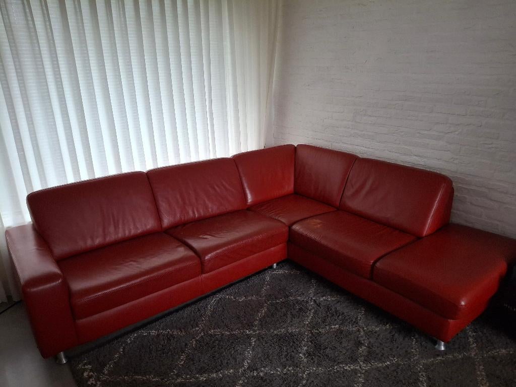 Montel hoekbank rood leer, Huis en Inrichting, Ophalen, 250 tot 300 cm, Gebruikt, Hoekbank