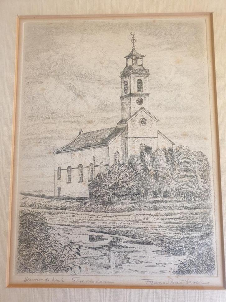 Ets Hervormde Kerk Simonshaven door Frans Bruinshoofd, Antiek en Kunst, Kunst | Etsen en Gravures, Ophalen of Verzenden