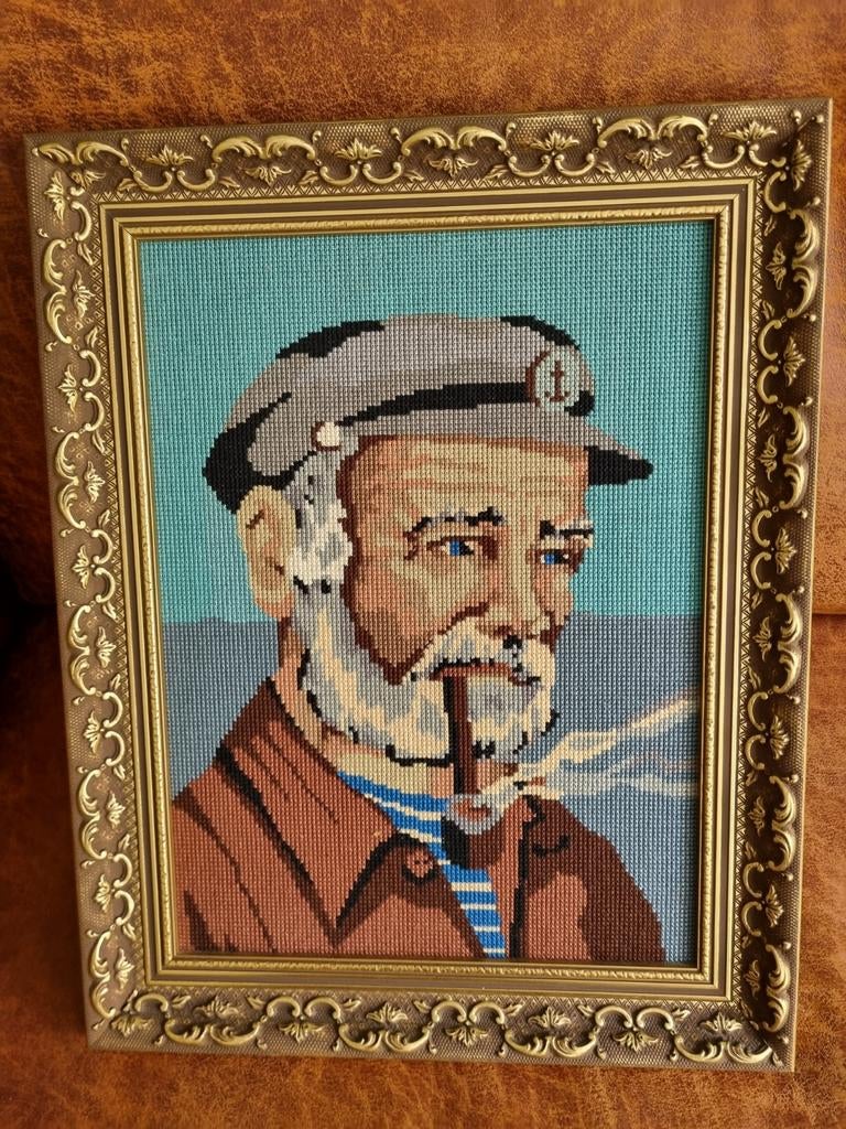 Borduurstuk Zeeman in klassieke lijst - 49.5x39.5 cm, Ophalen of Verzenden, Zo goed als nieuw, Handborduren, Overige typen