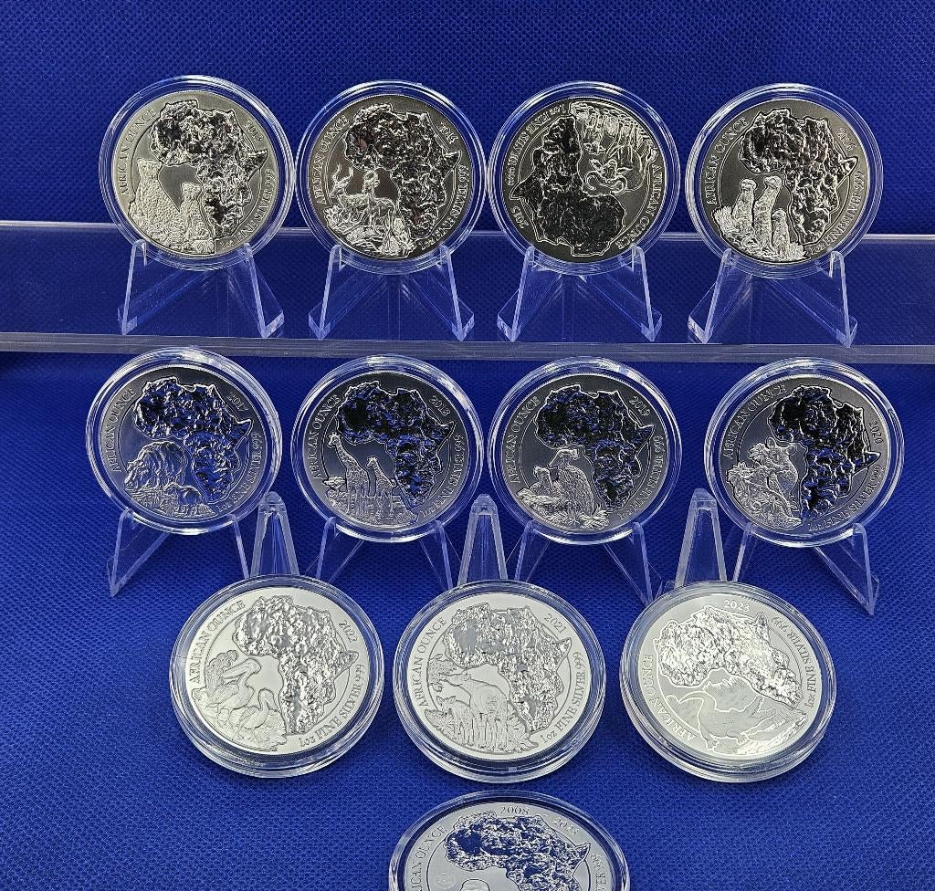 (A401) RWANDA  PRACHTIGE SERIE  12 STUKS  ONE OUNCE, Ophalen of Verzenden, Overige landen, Setje, Zilver