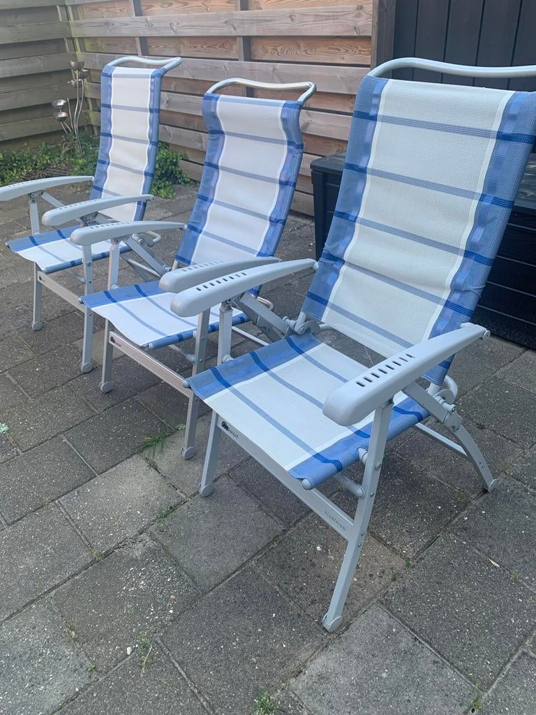 3 Dukdalf standen campingstoelen incl steunen en kussens, Ophalen, Gebruikt, Campingstoel