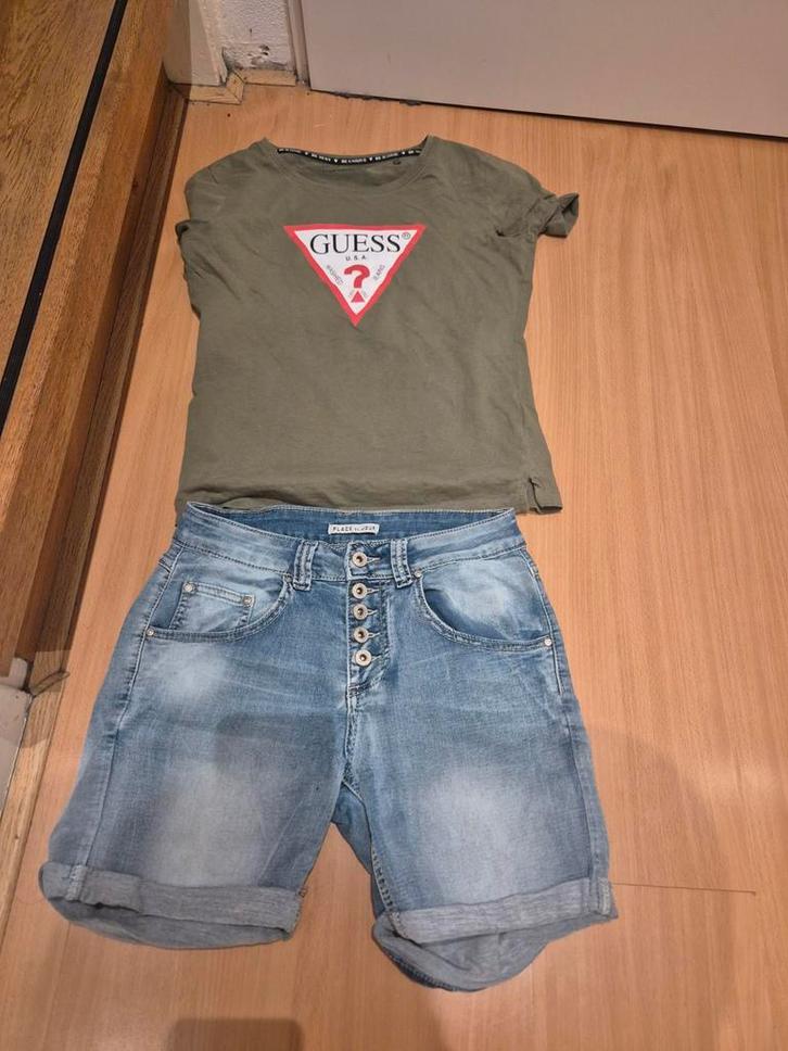 Guess T-shirt en Place du Jour spijkerbroek short, Kleding | Dames, T-shirts, Gedragen, Maat 36 (S), Groen, Korte mouw, Ophalen of Verzenden