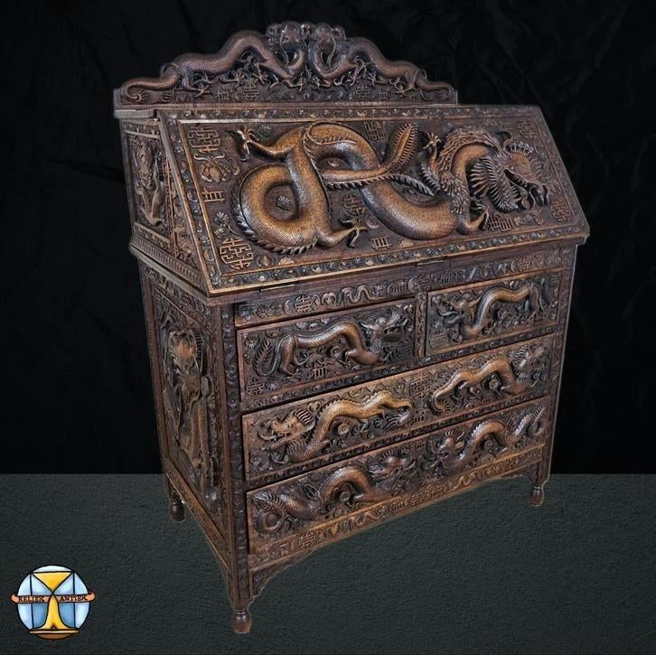 Antieke 19e Eeuwse Chinese Secretaire Draken Houtsnijwerk, ., Oriental / aziatisch / oosters / bohemian / chinees, Ophalen of Verzenden