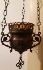 Antiek koper godslampje met druifjes en geel glaasje, Overige materialen, Gebruikt, Ophalen of Verzenden, Godslamp