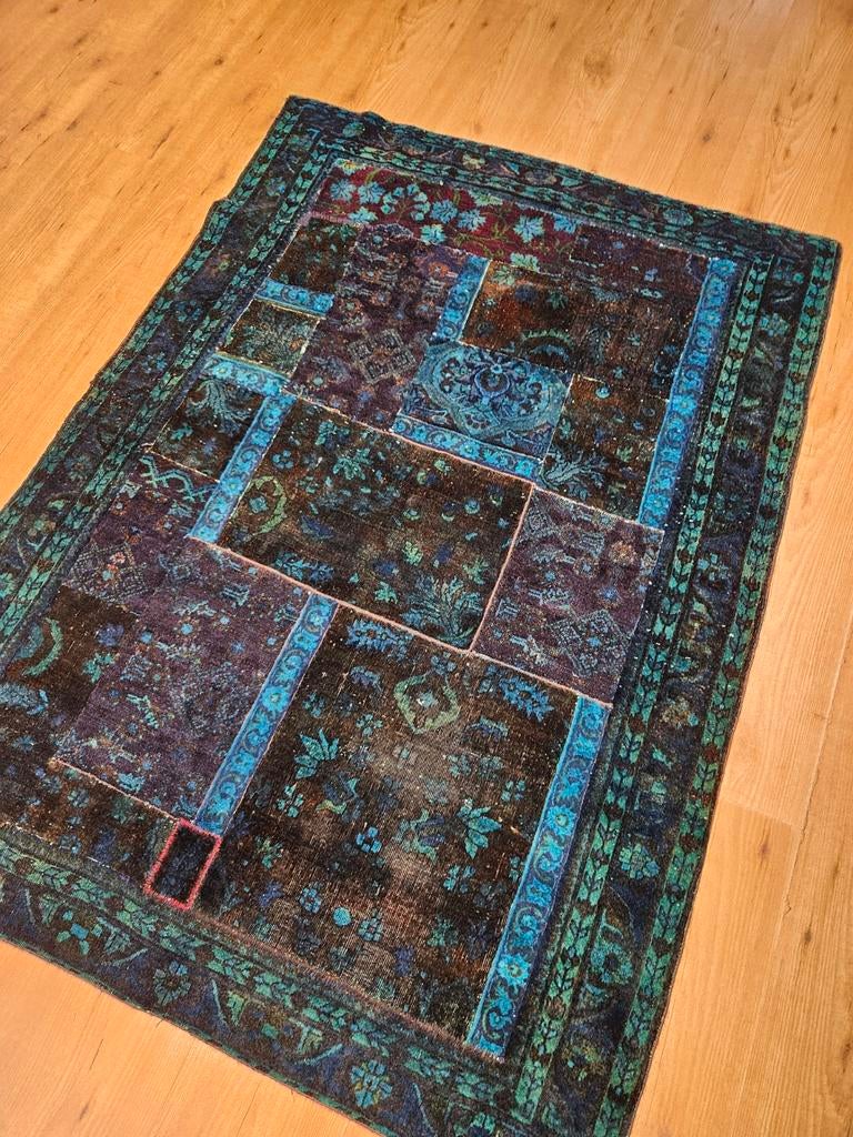 Vintage handgeknoopt perzisch patchwork 145x105, Info@SlatsAntiek.nl, Tweedehands, Groen, Ophalen of Verzenden