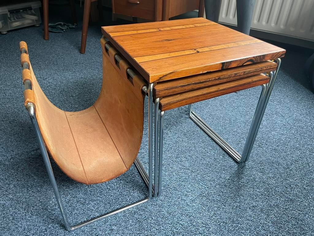 Vintage set van Brabantia van drie tafeltjes met lectuur bak, Huis en Inrichting, Tafels | Bijzettafels, Ophalen, Minder dan 55 cm