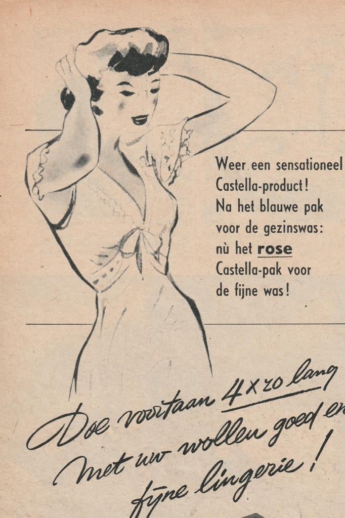 Retro reclame 1951 Castella wolwas wasmiddel onderjurkje, Verzenden, Overige typen