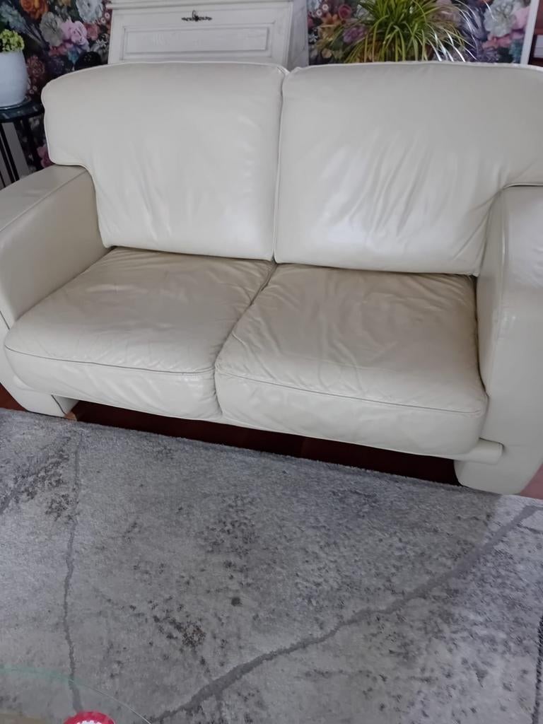 leren bankstel gebroken wit 2 x   2 zits, Huis en Inrichting, Banken | Bankstellen, Ophalen, Gebruikt, 200 tot 250 cm, Vierpersoons of meer