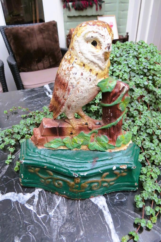 Antieke Engelse uil deurstopper gietijzer handbeschilderd, Ophalen of Verzenden