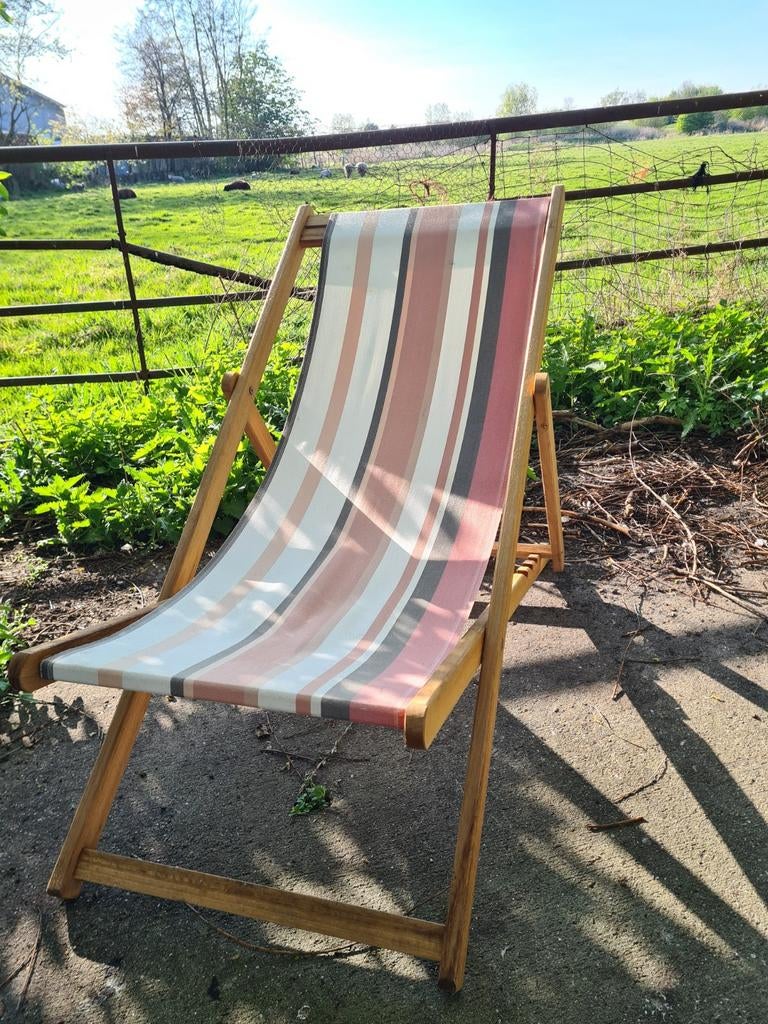 Retro vintage houten strandstoel ligstoel, Tuin en Terras, Tuinstoelen, Gebruikt, Hout, Inklapbaar, Ophalen of Verzenden