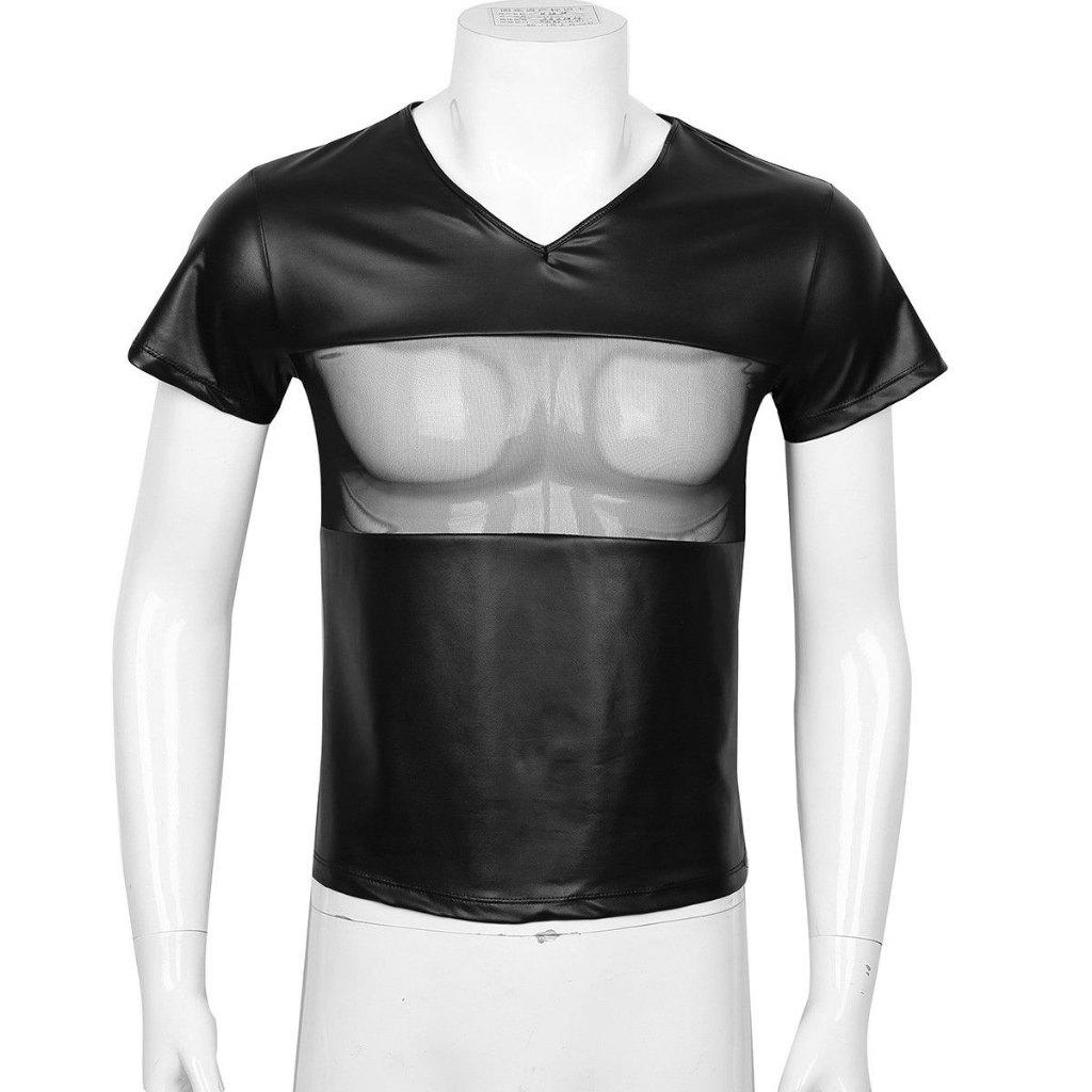Zwart leren uitgesneden borst heren shirt / gay sexy t-shirt, Verzenden, Nieuw, Overige maten, Overige thema's