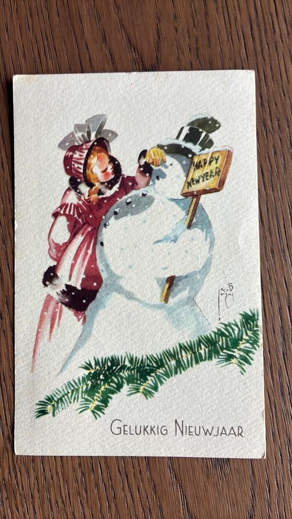 Jacob Jansma. Nieuwjaar. Sneeuwpop. Meisje, Ophalen of Verzenden, 1940 tot 1960, Gelopen, Kinderen