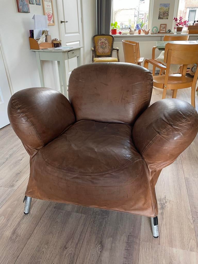 Design fauteuil Bobo Gerard van den Berg - Cognac leer, Ophalen, Gebruikt, Leer, 75 tot 100 cm