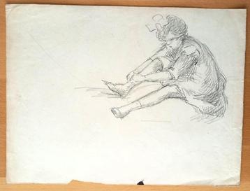 A493-38 Oude tekening Meisje zittend op grond beschikbaar voor biedingen