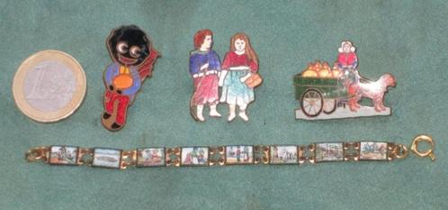 4 vintage geemailleerde sieraden o.a. een Golliwog, Sieraden, Tassen en Uiterlijk, Antieke sieraden, Broche, Overige materialen