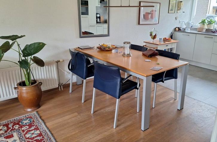 LeoLux "Myto" 4x leder eetkamerstoelen. Kleur: koningsblauw., Huis en Inrichting, Stoelen, Gebruikt, Vier, Blauw, Ophalen