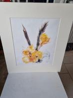 Aquarel met bloemen en passepartout, Ophalen of Verzenden