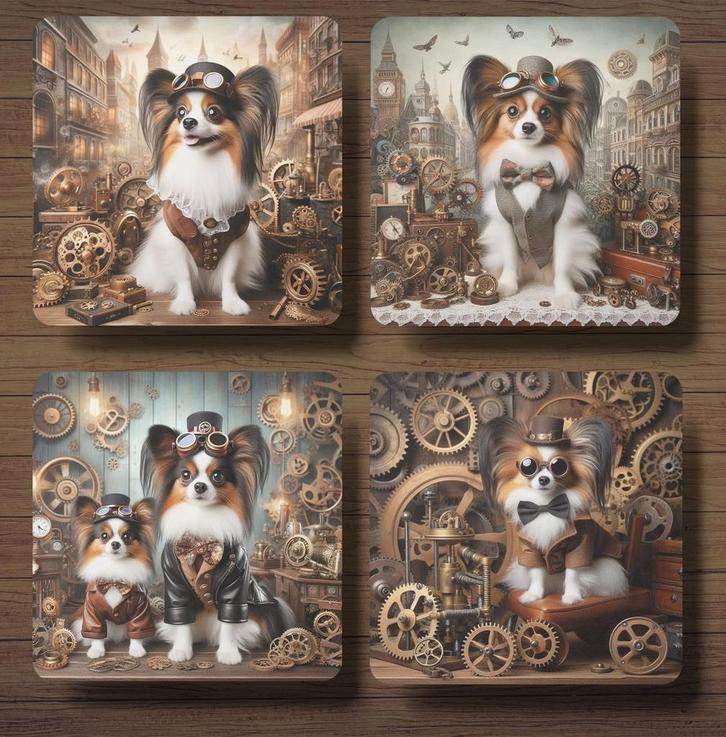 Vlinderhondje Steampunk onderzetters met houder, Huis en Inrichting, Woonaccessoires | Onderzetters, Nieuw, Glas of Kopje, Ophalen of Verzenden