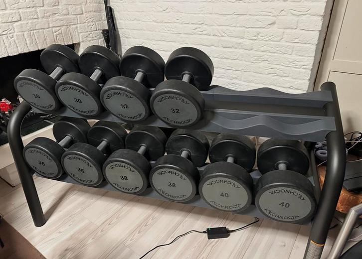 Dumbbells Technogym 30 32 36 38 40 inclusief nieuw rack, Sport en Fitness, Fitnessmaterialen, Zo goed als nieuw, Dumbbell, Armen