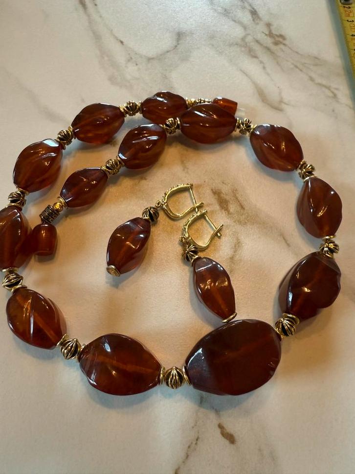 Vintage Amber Ketting en Oorbellen Set, Sieraden, Tassen en Uiterlijk, Kettingen, Zo goed als nieuw, Steen of Mineraal, Bruin