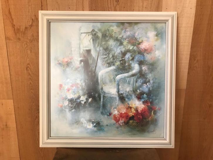 Schilderij, buiten tafereel in houten lijst 64x64cm., Antiek en Kunst, Kunst | Schilderijen | Klassiek, Ophalen of Verzenden