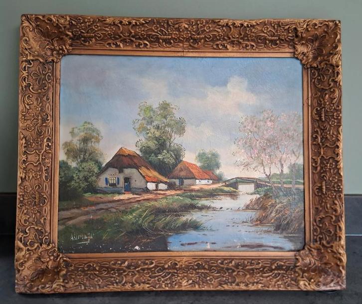 Antiek schilderij in prachtige brocante lijst gesigneerd, Antiek en Kunst, Kunst | Schilderijen | Klassiek, Ophalen of Verzenden
