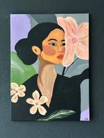 Schilderij van Vrouw met Bloemen, Antiek en Kunst, Kunst | Schilderijen | Klassiek, Ophalen of Verzenden